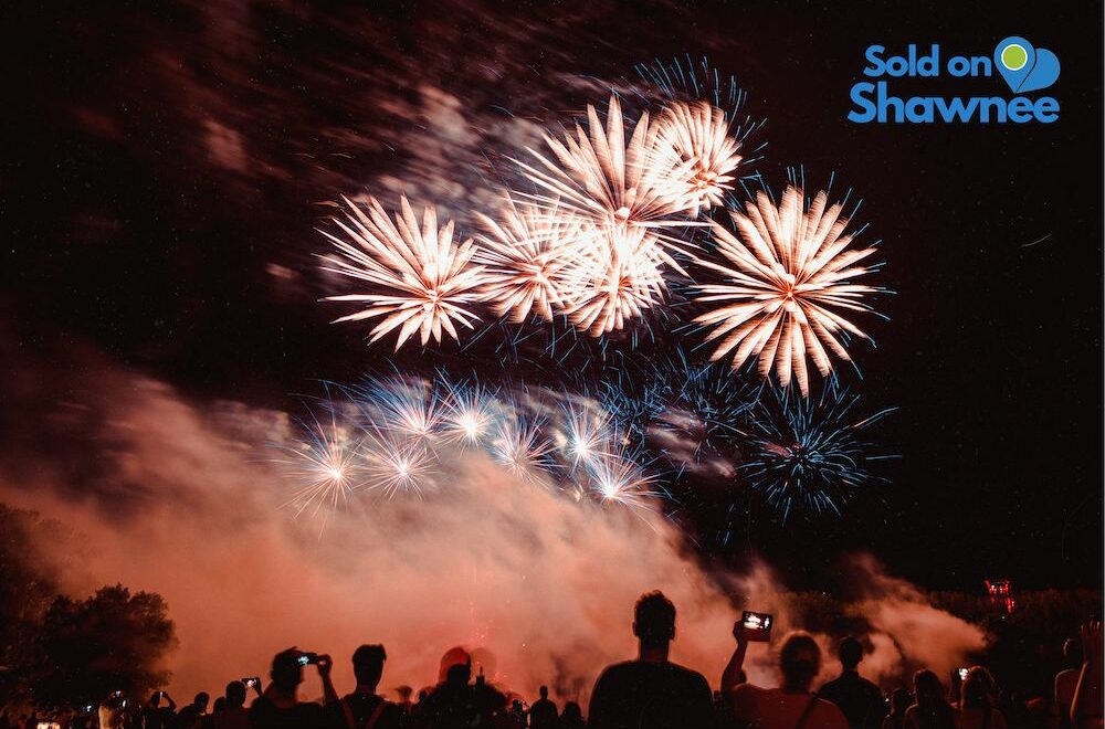 Photo of fireworks in a dark sky with silhouette of spectators