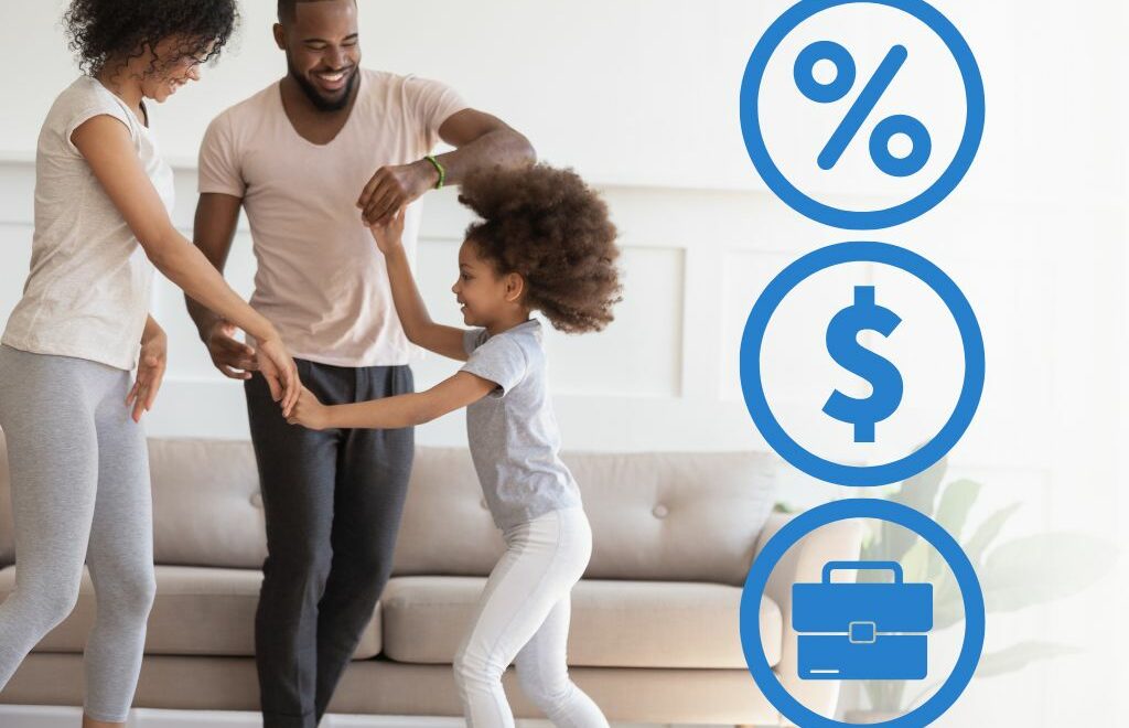 photo of a family of three dancing in their living room plus icons representing mortgage rates, home prices, and increasing wages