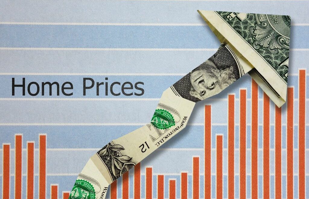bar graph with title "Home Prices" and arrow made of folded dollar bills pointing up to the right