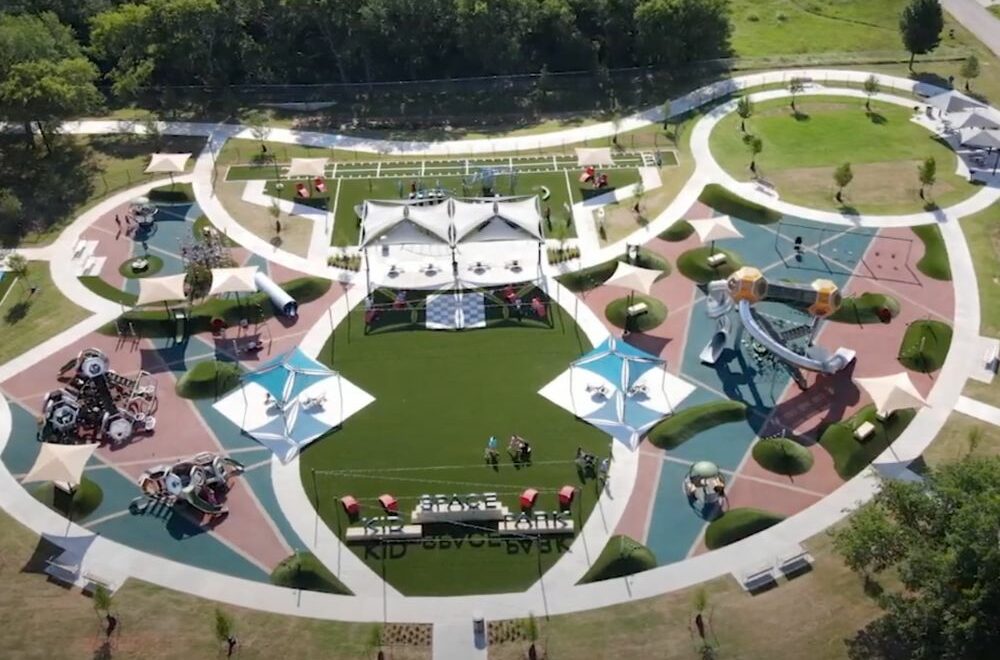 KidSpace Park, the more than $3.6 million state-of-the-art, fun-filled renovated park, opened June 23, 2023 in Shawnee, OK. Park-goers of all ages enjoy this 7.6-acre park surrounded by an ADA accessible 4/10-mile trail.