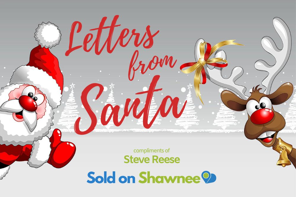 Cartoon drawing of Santa and Rudolph peeking out with "Letters from Santa" in the middle