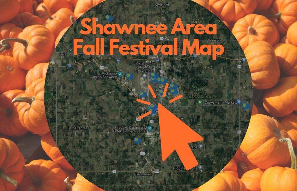 graphic showing a map of Shawnee Oklahoma with fall and Halloween activities highlighted