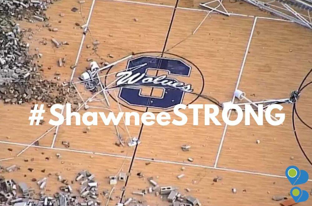 Overhead photo of a gym floor at Shawnee (Oklahoma) High School with the hashtag #ShawneeSTRONG