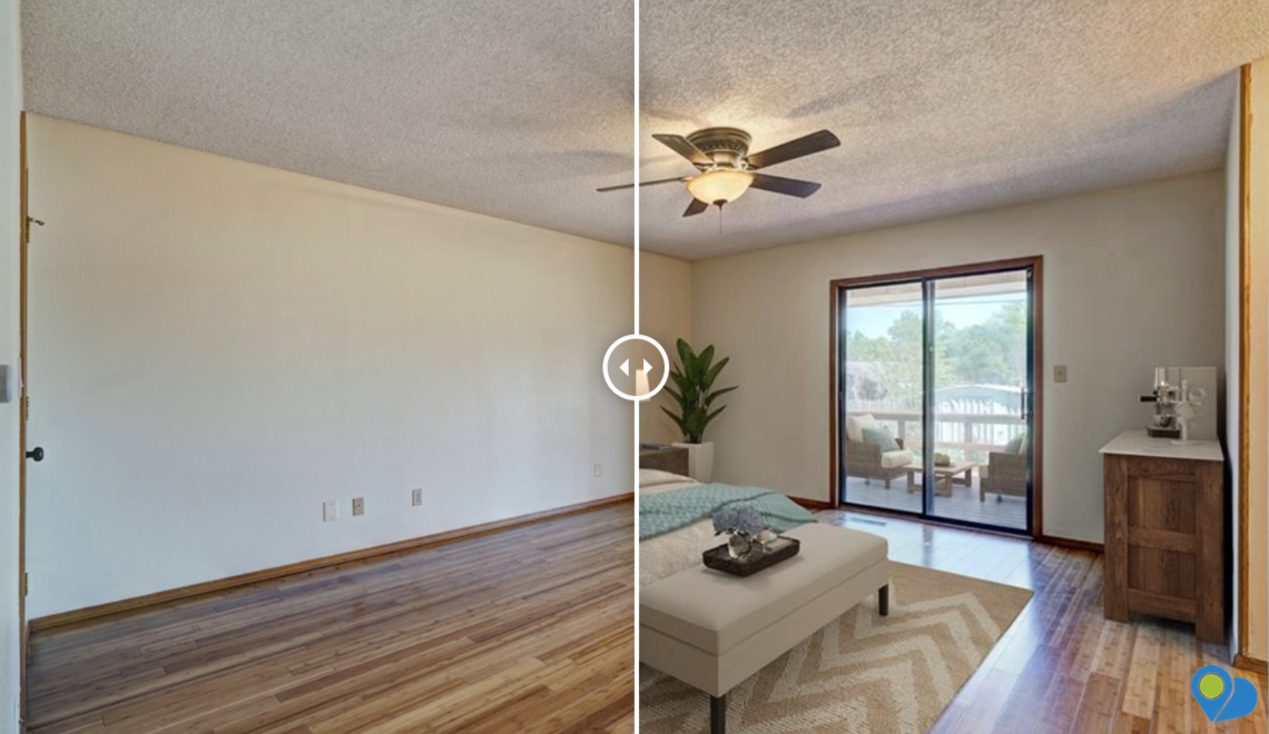 Photo has slider to see dramatic before and after virtual staging results