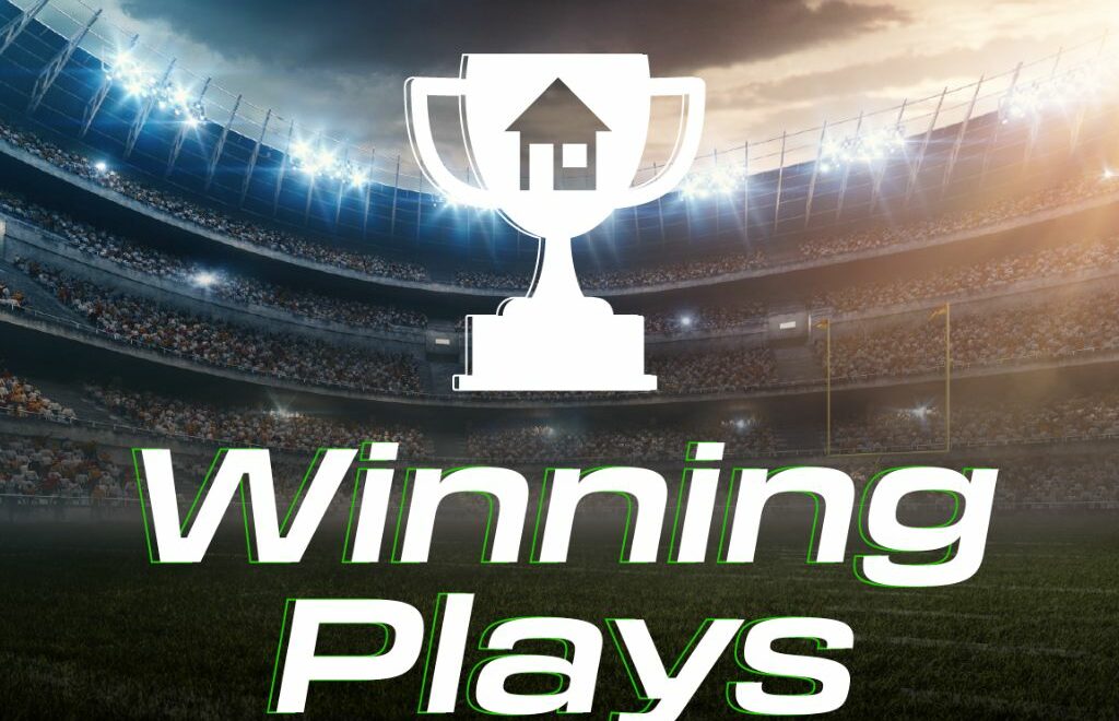 trophy with house on it, "Winning Plays" below it, all over a photo of a large sports stadium